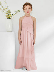 Robes de Demoiselle d'Honneur Junior à Décolleté Licou avec Ceinture Rose Poudré