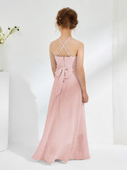 Robes de Demoiselle d'Honneur Junior à Décolleté Licou avec Ceinture Rose Poudré