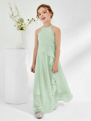 Robes de Demoiselle d'Honneur Junior à Décolleté Licou avec Ceinture Sauge Poudrée