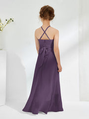 Robes de Demoiselle d'Honneur Junior à Décolleté Licou avec Ceinture Plum