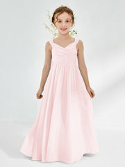 Robes de Demoiselle d'Honneur Junior Plissées A-ligne à Col en V Rose Pâle