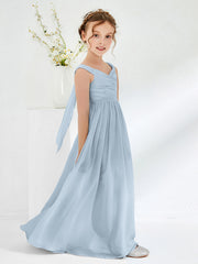 Robes de Demoiselle d'Honneur Junior Plissées A-ligne à Col en V Bleu Poudré