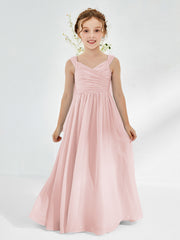 Robes de Demoiselle d'Honneur Junior Plissées A-ligne à Col en V Rose Poudré