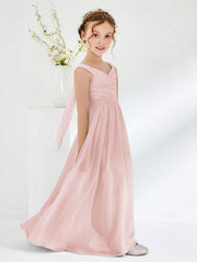 Robes de Demoiselle d'Honneur Junior Plissées A-ligne à Col en V Rose Poudré