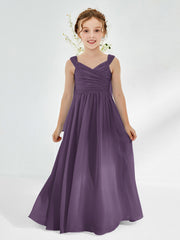 Robes de Demoiselle d'Honneur Junior Plissées A-ligne à Col en V Plum