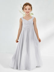 Robes de Demoiselle d'Honneur Junior Plissées A-ligne à Col en V Argent