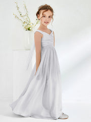 Robes de Demoiselle d'Honneur Junior Plissées A-ligne à Col en V Argent