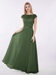 Mancherons Mousseline Robe avec Ceinture Olive Verte
