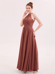 Robe Demoiselle d'honneur Licou Mousseline Longue avec Ceinture terracotta