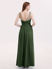 Robe avec Bretelle Double Perlée Mousseline avec Col en V Olive Verte Grande Taille