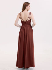Robe avec Bretelle Double Perlée Mousseline avec Col en V terracotta