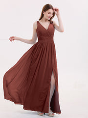Robe avec Bretelle Double Perlée Mousseline avec Col en V terracotta