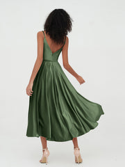 Robes Mi-Longues en Velours à Bretelles Spaghetti avec Poches Olive Verte Grande Taille