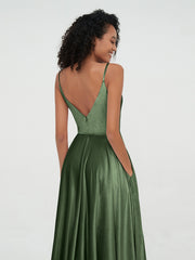 Robes Mi-Longues en Velours à Bretelles Spaghetti avec Poches Olive Verte Grande Taille