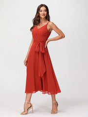 Spaghetti Bretelle Longueur De Mollet Robe Avec Ceinture Nœud Rouille Grande Taille