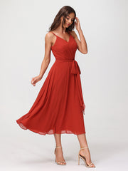 Spaghetti Bretelle Longueur De Mollet Robe Avec Ceinture Nœud Rouille Grande Taille
