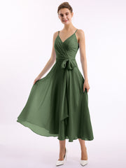 Spaghetti Bretelle Longueur De Mollet Robe Avec Ceinture Nœud Olive Verte