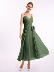 Spaghetti Bretelle Longueur De Mollet Robe Avec Ceinture Nœud Olive Verte Grande Taille