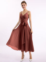 Spaghetti Bretelle Longueur De Mollet Robe Avec Ceinture Nœud terracotta