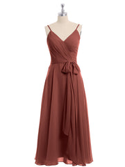 Spaghetti Bretelle Longueur De Mollet Robe Avec Ceinture Nœud terracotta Grande Taille