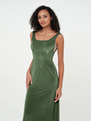 Robes Sirène Longues en Velours à Col en Bateau Olive Verte