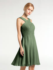 Devant Croisé Taille Empire Robe Demoiselle d'honneur Courte Olive Verte