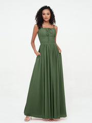 Robes Maxi en Mousseline à Encolure Carrée avec Poches Olive Verte