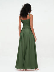 Robes Maxi en Mousseline à Encolure Carrée avec Poches Olive Verte