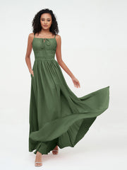 Robes Maxi en Mousseline à Encolure Carrée avec Poches Olive Verte