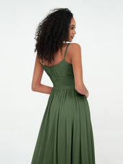 Robes Maxi en Mousseline à Encolure Carrée avec Poches Olive Verte