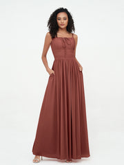 Robes Maxi en Mousseline à Encolure Carrée avec Poches terracotta