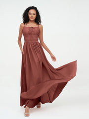 Robes Maxi en Mousseline à Encolure Carrée avec Poches terracotta
