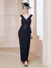 Robe à Col V en Crêpe Extensible avec Paillettes Noir Grande Taille