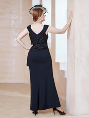 Robe à Col V en Crêpe Extensible avec Paillettes Noir Grande Taille