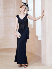 Robe à Col V en Crêpe Extensible avec Paillettes Noir
