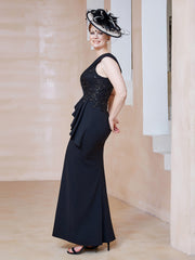 Robe à Col V en Crêpe Extensible avec Paillettes Noir