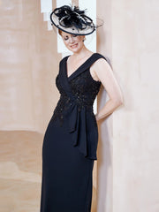 Robe à Col V en Crêpe Extensible avec Paillettes Noir Grande Taille