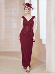 Robe à Col V en Crêpe Extensible avec Paillettes Bordeaux Grande Taille