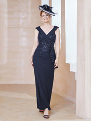 Robe à Col V en Crêpe Extensible avec Paillettes Bleu Marine