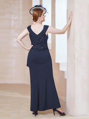 Robe à Col V en Crêpe Extensible avec Paillettes Bleu Marine Grande Taille