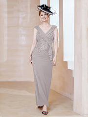 Robe à Col V en Crêpe Extensible avec Paillettes Argent