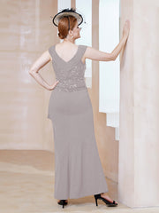 Robe à Col V en Crêpe Extensible avec Paillettes Argent
