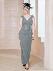 Robe à Col V en Crêpe Extensible avec Paillettes Gris Acier