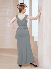 Robe à Col V en Crêpe Extensible avec Paillettes Gris Acier