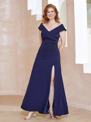 Robe Fourreau Longueur au Sol à Col en V avec Fente Bleu Marine Grande Taille