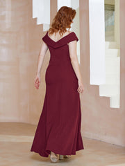 Robe Fourreau Longueur au Sol à Col en V avec Fente Bordeaux Grande Taille