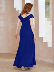 Robe Fourreau Longueur au Sol à Col en V avec Fente Bleu Royale Grande Taille