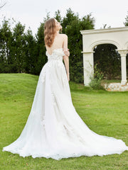 Robe de Mariée en Dentelle Hors de l'Épaule avec Traîne Chapelle Ivoire/Champagne