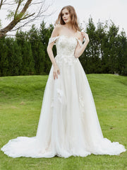 Robe de Mariée en Dentelle Hors de l'Épaule avec Traîne Chapelle Blanc