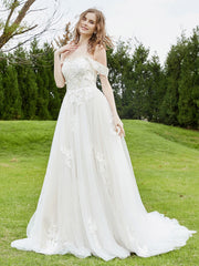 Robe de Mariée en Dentelle Hors de l'Épaule avec Traîne Chapelle Ivoire/Champagne